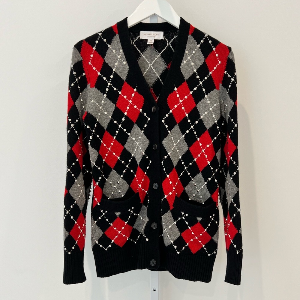 MICHAEL KORS CASHMERE PLAID STUDDED SNAP BUTTON CARDIGAN SIZE XS NWOTS!